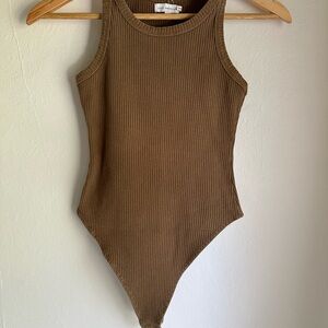 Good American Brown Ribbed Bodysuit Top
